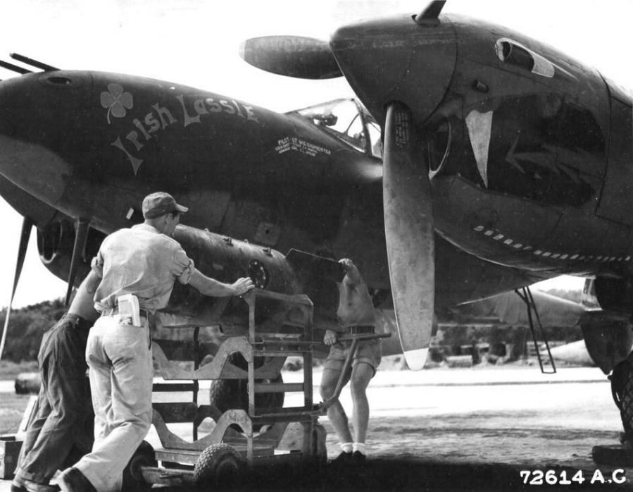 Lockheed p 38j 10 lo 42 67842 irish lassie lt william g baumeister jr loaded with a mark 13 aerial mine chittagong india bangladesh summer 1944 nara 342 fh 3a33878 72614ac